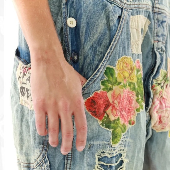 Magnolia Pearl/Free People Floral Appliqué Denim Overalls - Vintage - OS - NWT - Picture 7 of 16